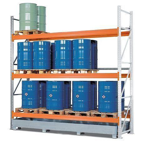 DENIOS Palettenregal PR 33.37 für 12 Euro- oder 6 Chemiepaletten, mit 3 Lagerebenen, Anbaufeld, 199726