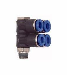 Riegler L-Mehrfachverteiler mit Außensechskant, 4-fach, drehbar, Außengewinde konisch mit Gewindebeschichtung, 109705