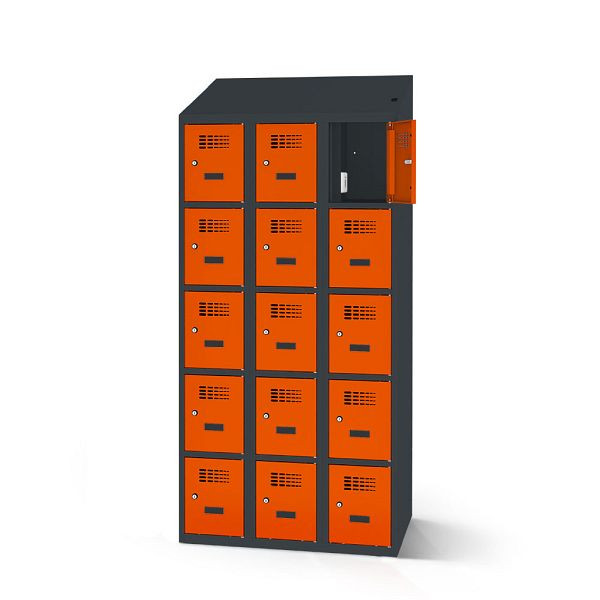 Rotstahl Fächerschrank, 15 Fächer, Stollenfüße, mit Ladefunktion, Schrägdach, Korpus: anthrazitgrau, Türen: reinorange, 2180-030500-0902112-7016-2004