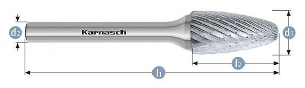 Karnasch Hartmetall-Frässtift unbeschichtet RBF/ HP-1 d1=6 / l2=12 / d2=3 / l1=44mm, VE: 4 Stück, 113057025