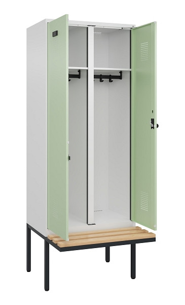 C+P Schwarz-Weiß-Spind Evolo PLUS, Bank, 2 Abteile, 2120x800x815mm, 9016/6019, Drehriegel, Sitzfläche Holz, 0490427-22 S10019