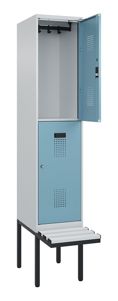 C+P Doppelstock-Spind Evolo PLUS, Bank, 2 Fächer, 2120x400x815mm, 7035/0010, Zylinderschloss, Sitzfläche Kunststoff, 0493407-12 S10117