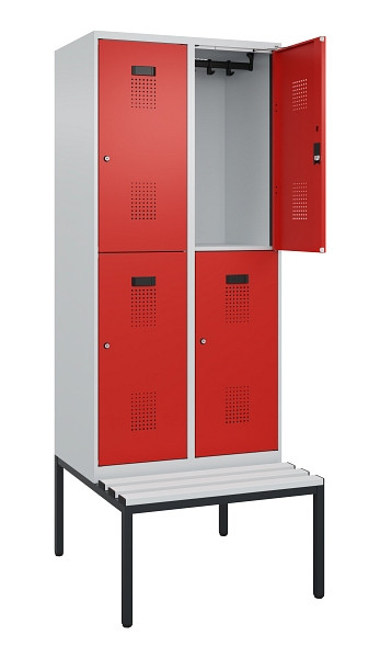 C+P Doppelstock-Spind Evolo PLUS, Bank, 4 Fächer, 2120x800x815mm, 7035/3020, Zylinderschloss, Sitzfläche Kunststoff, Sitzbank, 0493507-22 S10113