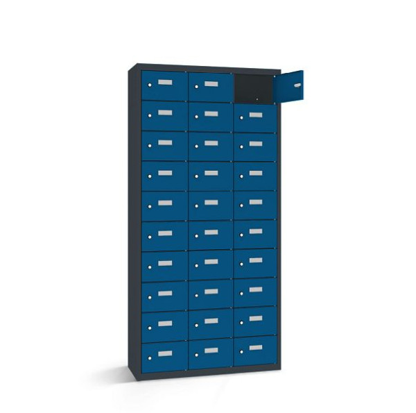 Rotstahl Wertfachschrank, 30 Fächer, Tür einwandig, kurzer Sockel, Korpus: anthrazitgrau, Türen: enzianblau, 2161-031000-0881112-7016-5010