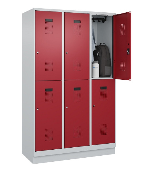 C+P Doppelstöckiger Spind Evolo PLUS, mit Sockel, 6 Fächer, 1950x1200x500mm, 703, Frontfarbe RAL 3003 Rubinrot, Zylinderschloss, 049320-32 S10031