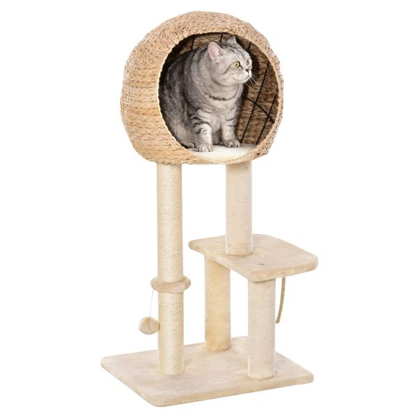 PawHut Katzenbaum Kratzbaum Kätzchen Möbel mit Katzenhöhle Ball Sisal weiche Plüsch Höhe 100 cm Beige, D30-371