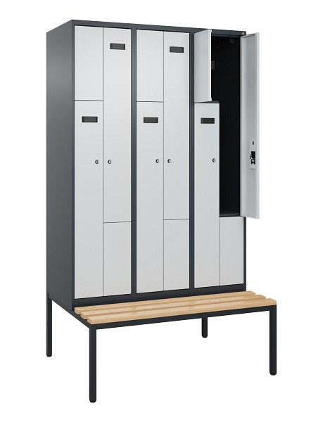 C+P Z-Spind Evolo PLUS, Bank, 6 Fächer, 2120x1200x815mm, 7016/7035, Zylinderschloss, Sitzfläche Buche-Hartholz, Sitzbank, 0490537-326 S10044