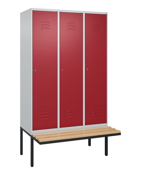 C+P Umkleidespind Classic PLUS, 3 Abteile, 2120x1200x815mm, 7035/3003, Zylinderschlösser, Buche-Sitzleisten, 0800407-32 S10046