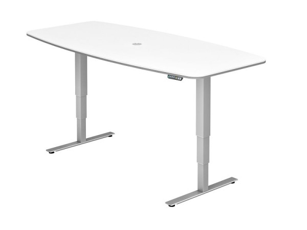 Hammerbacher Konferenztisch mit Memoryschalter, Weiß, tonnenförmig, inkl. 1 Kabelauslass 8 cm, VXDSM22/W/S