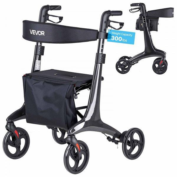 VEVOR Faltbarer Rollator mit Sitz, 8" Reifen, bis 136kg, mit Rückenlehne, Tasche, Gehstockhalter, höhenverstellbar, Schwarz, XSZXQHSTXW8I5WJCF001V0
