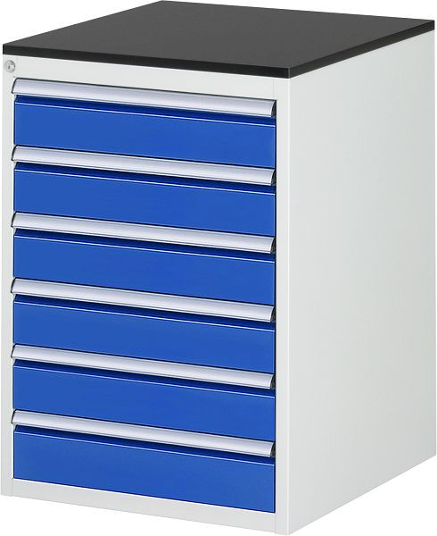 RAU Schubladenschrank Serie 7000, B580 x T650 x H820 mm, Arbeitsplatte mit Melaminharzbeschichtung, Schubladen: 6xH120 mm, 13-L5.16A-M.11