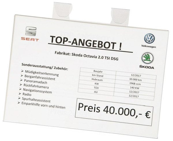 Eichner Preisblatt-Tasche A3 quer zur Fixierung am Innenspiegel, Format H: 345 mm x B: 425 mm, VE: 5 Stück, VE: 5 Stück, 9219-01089