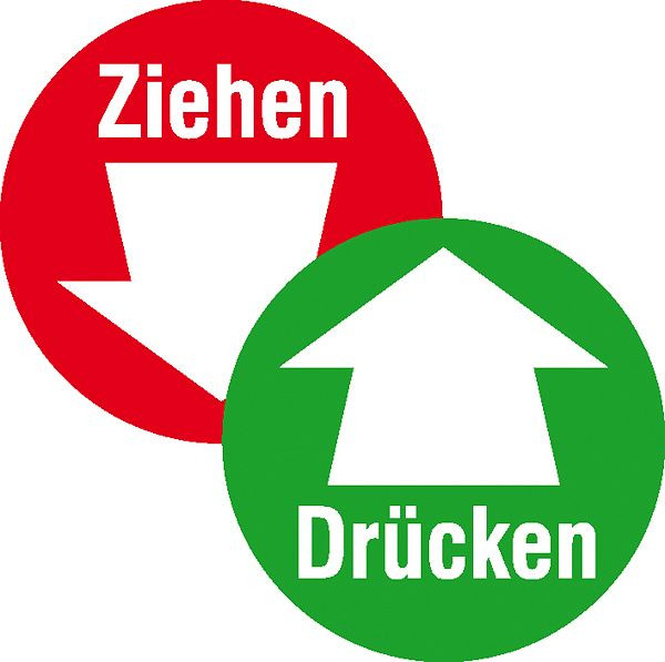 SafetyMarking Türschild, Drücken/Ziehen mit Pfeil, grüne Seite selbstklebend, Ø 10 cm, Folie, selbstklebend, 21.5391
