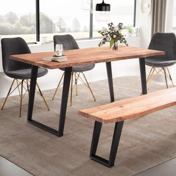 Wohnling Esszimmertisch 120x60x76 cm Akazie Massivholz/Metall Esstisch Baumkante, Küchentisch mit U-Beinen in Schwarz, Holztisch Rechteckig, WL7.256