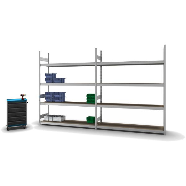 hofe Großfach-Grundregal, 2500x500x2000 mm, 4 Fachebenen, Spanplatte verzinkt, 350 kg Fachlast, 1750 kg Feldlast, zweiseitige Bedienung, GZG25520S