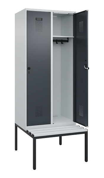 C+P Spind Evolo PLUS, 2 Abteile, 2120x800x815mm, 7035/7016, Haken 4, Drehriegel, Sitzfläche Kunststoff, Sitzbank, 0490507-22 S10066