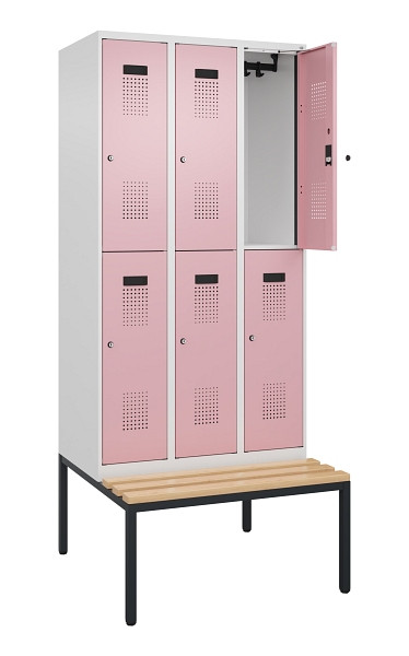 C+P Doppelstock-Spind Evolo PLUS, Bank, 6 Fächer, 2120x900x815mm, 9016/3015, Zylinderschloss, Sitzfläche Buche-Hartholz, Sitzbank, 0493507-30 S10045
