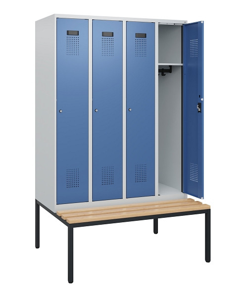 C+P Spind Evolo PLUS, 4 Abteile, 1950x1200x815mm, 7035/5023, Zylinderschloss, Sitzfläche Buche-Hartholz, Sitzbank, 0490505-40 S10033