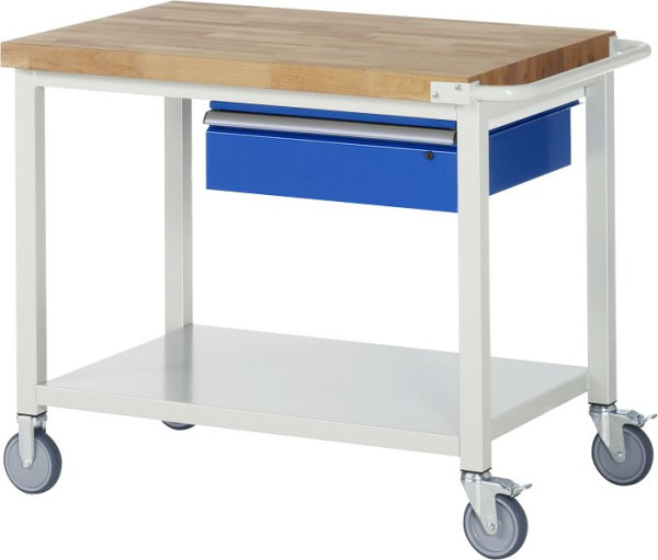 RAU Fahrbare Werkbank 8000 - Modell 8001, B1000xT700xH880-1080mm, Systemunterbau B995 x T650 mm, 1 Schublade & Stahlblech-Ablageboden, 05-8001A6-107B4H.11