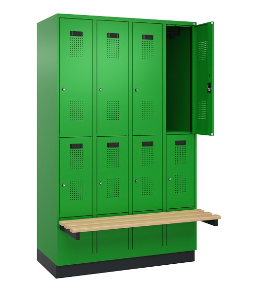 C+P Doppelstock-Spind Evolo PLUS, Bank, 8 Fächer, 1950x1200x815mm, 6037/6037, Zylinderschloss, Sitzfläche Buche-Hartholz, mit Sockel, 049340-40 S10053