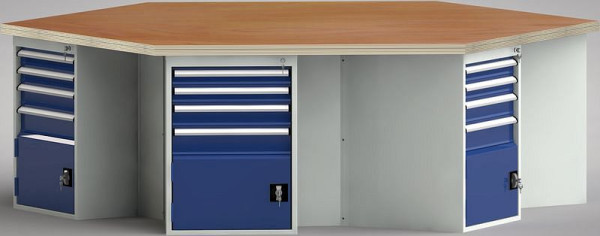 KLW PROFI-Werkbank in Sechseckform mit Buchen-Multiplexplatte in 6-Eck-Form 2338 x 2700 x 45 mm L x B x S, WP620N-1350M45-E8009
