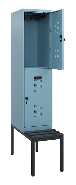 C+P Doppelstöckiger Spind Evolo PLUS, Bank, 2 Fächer, 1950x400x815mm, 0010/0010, Drehriegel, Sitzfläche Kunststoff, Sitzbank, 0493505-12 S10123