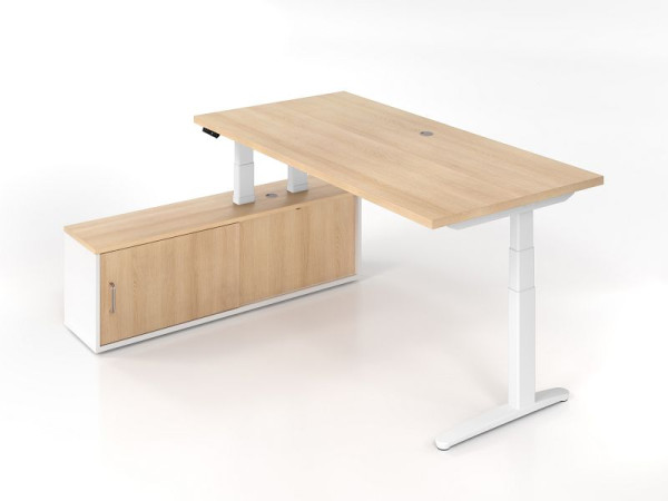 Hammerbacher Sitz-Stehtisch + Sideboard Eiche/Weiß, C-Fuß Gestell Weiß, Alu-Kufe Weiß, VXBHM2C/EW/WW