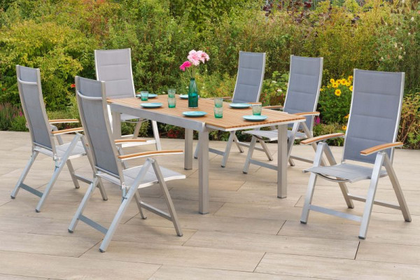 Merxx San Remo Set 7-teilig, 6 San Remo Klappsessel, pulverbeschichtetes Aluminium in gebürsteter Optik, 1 Ausziehtisch 150 (200) x 90 cm, 51124-309