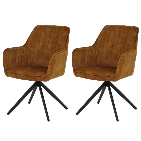 Mendler 2er-Set Esszimmerstuhl HWC-L79, Küchenstuhl Armlehne drehbar Auto-Return Samt 440g/m², Wildleder-Optik senfgelb, 121139