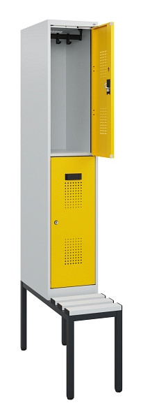 C+P Doppelstöckiger Spind Evolo PLUS, Bank, 2 Fächer, 1950x300x815mm, 7035/1023, Zylinderschloss, Sitzfläche Kunststoff, Sitzbank, 0493505-10 S10136