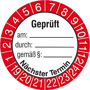SafetyMarking Prüfplakette, Geprüft am: durch gemäß, Prüfzeitraum: 19-24, Ø 3 cm, Folie, selbstklebend, VE: 15 Stück/Bogen, 30.3697-19-24
