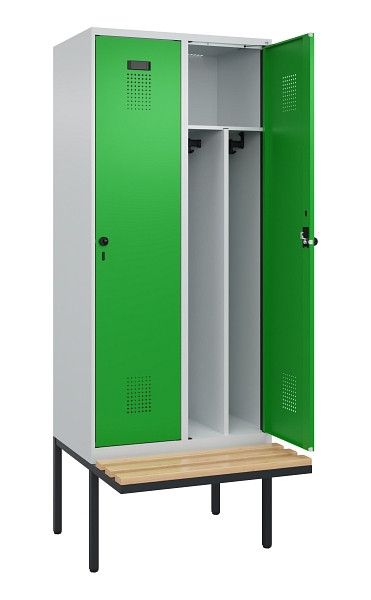 C+P Spind Evolo PLUS, 2 Abteile, 2120x800x815mm, 7035/6037, Haken 4, Drehriegel, Sitzfläche Holz, Trennwand, 0490407-22F S10011