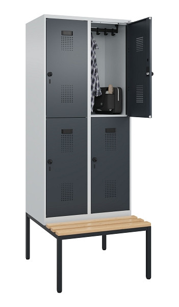 C+P Doppelstock-Spind Evolo PLUS, Bank, 4 Fächer, 2120x800x815mm, 7035/7016, Drehriegel, Sitzfläche Buche-Hartholz, Sitzbank, 0493507-22 S10012