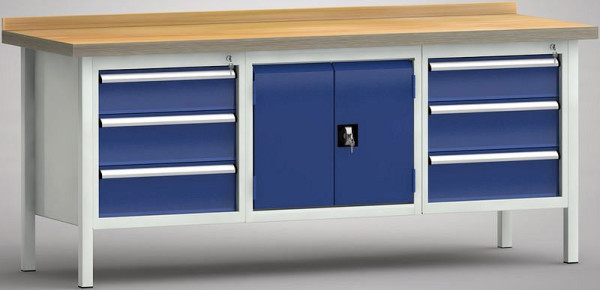 KLW Standard-Werkbank - 2000 x 700 x 900 mm L x T x H (ERGO-Version), links & rechts 150EA/2x175EA, mittig 2-Tür Schrank, WS239E-2000M40-E7025