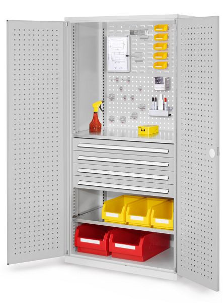 Kappes RasterPlan Schubladenschrank, Modell 13, RAL 7035, Türinnenseite: Lochplatten, 1950 x 1000 x 600 mm, 4 Schubladen H 100 mm, 1460.03.3013