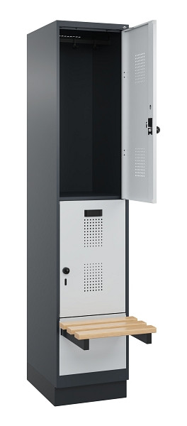 C+P Doppelstock-Spind Evolo PLUS, Bank, 2 Fächer, 1950x400x815mm, 7016/7035, Drehriegel, Sitzfläche Buche-Hartholz, mit Sockel, 049340-12 S10017