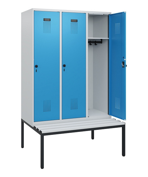 C+P Spind Evolo PLUS, 3 Abteile, 1950x1200x815mm, 7035/5012, Drehriegel, Sitzfläche Kunststoff, Sitzbank, 0490505-32 S10061