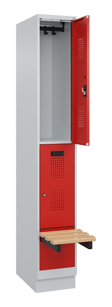 C+P Doppelstock-Spind Evolo PLUS, Bank, 2 Fächer, 1950x300x815mm, 7035/3020, Zylinderschloss, Sitzfläche Buche-Hartholz, mit Sockel, 049340-10 S10032