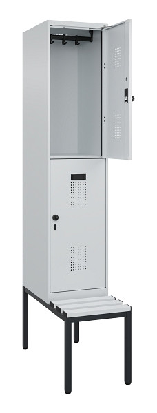 C+P Doppelstock-Spind Evolo PLUS, Bank, 2 Fächer, 2120x400x815mm, 7035/7035, Drehriegel, Sitzfläche Kunststoff, Sitzbank, 0493507-12 S10094