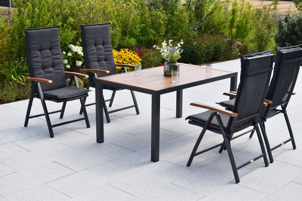 Merxx Thasos Set 9-teilig, 4 Thasos Klappsessel, 4 Auflagen, uni grau, 1 Tisch 150 x 90 cm, folierte Tischplatte in Holzoptik, Aluminium, 50187-800