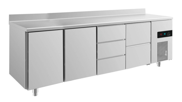 A&S Polarny Kühltisch -2 bis +8°C mit 2x Türen, zwei Schubladen rechts und drei Schubladen mittig-rechts, 2330 x 700 x 850 mm, mit Aufkantung, KT4TTDZA