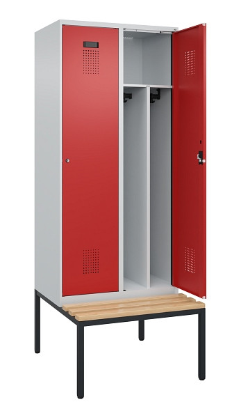 C+P Spind Evolo PLUS, 2 Abteile, 2120x800x815mm, 7035/3000, Haken 4, Zylinderschloss, Sitzfläche Buche-Hartholz, Sitzbank, Trennwand, 0490507-22F S10030