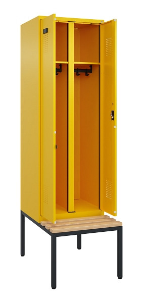 C+P Schwarz-Weiß-Spind Evolo PLUS, Bank, 2 Abteile, 2120x600x815mm, 1023/1023, Zylinderschloss, Sitzfläche Buche-Hartholz, Sitzbank, 0490527-20 S10049