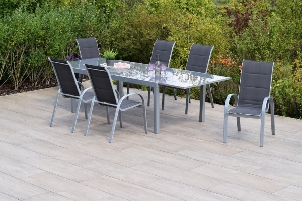 Merxx Amalfi di lusso Set 7-teilig, anthrazit, 6 Amalfi di lusso Stapelsessel, 1 Semi-Ausziehtisch, 200 (300) x 100 cm, silber/anthrazit, 50328-307