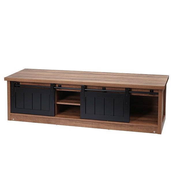 Mendler TV-Rack HWC-K75, Fernsehtisch TV-Board, Schiebetüren Staufächer, Holz-Optik Industrial Metall 43x150x40cm, braun, 97131+97132