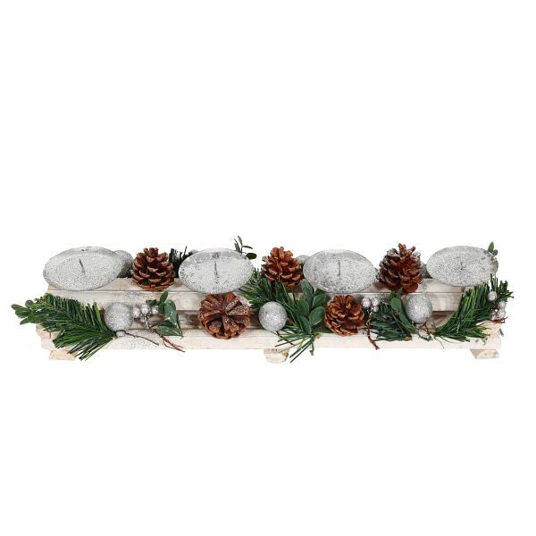 Mendler Adventsgesteck HWC-M12 mit Kerzenhaltern, Adventskranz Weihnachtsdeko Holz silber weiß 18x49x13cm, ohne Kerzen, 103797