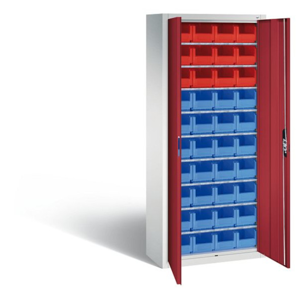 C+P Magazinschrank Serie 13, H1690xB700xT300mm, Farbe: Lichtgrau / Rubinrot, Muldengriff, 133413-28 S10016