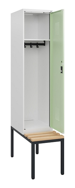 C+P Spind Evolo PLUS, 1 Abteil, 1950x400x815mm, 9016/6019, Zylinderschloss, Sitzfläche Holz, Sitzbank, 0490505-12 S10046