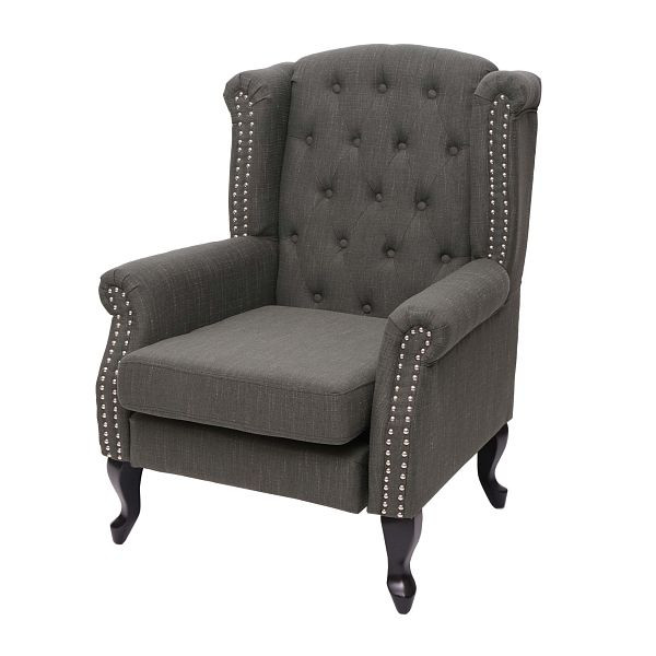 Mendler Sessel Chesterfield, Relaxsessel Clubsessel Ohrensessel, wasserabweisend Stoff/Textil, grau-grün ohne Ottomane, 75303+75304