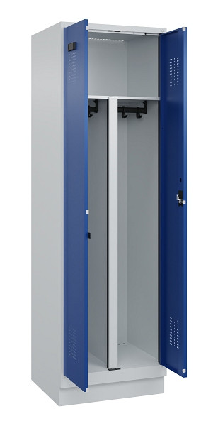 C+P PSA Schwarz-Weiß-Spind Evolo PLUS, mit Sockel, 2 Abteile, 1950x600x500mm, 70, Frontfarbe RAL 5010 Enzianblau, Zylinderschloss, 049022-20P S10033